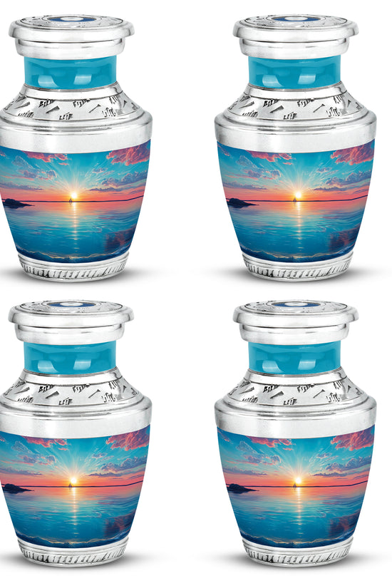 Soft Teal Beach Cremation Urn back view with polished surface - contemporary beach design with modern artistic flair - 10 inch aluminum urn for cremated remains