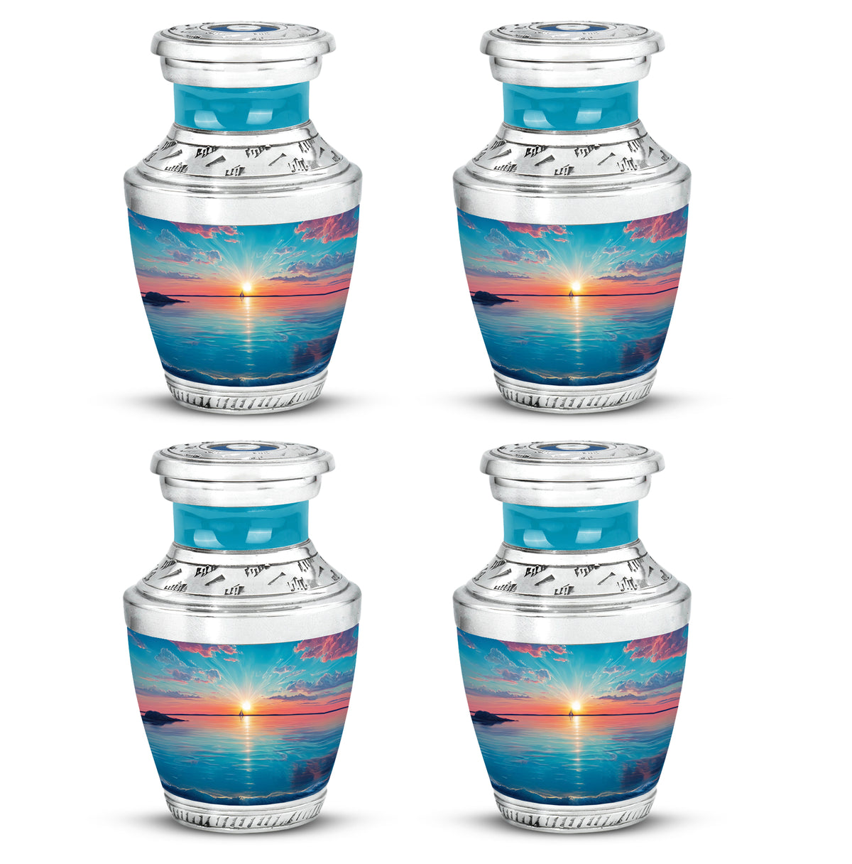 Soft Teal Beach Cremation Urn back view with polished surface - contemporary beach design with modern artistic flair - 10 inch aluminum urn for cremated remains