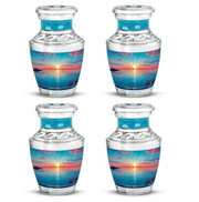 Soft Teal Beach Cremation Urn back view with polished surface - contemporary beach design with modern artistic flair - 10 inch aluminum urn for cremated remains