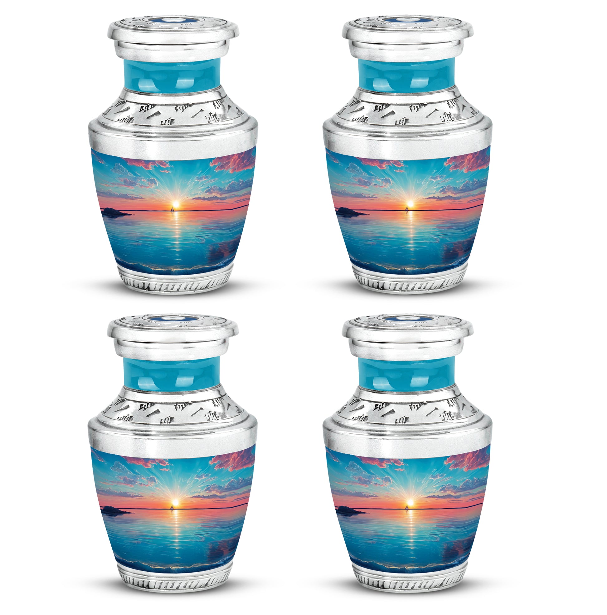 Soft Teal Beach Cremation Urn back view with polished surface - contemporary beach design with modern artistic flair - 10 inch aluminum urn for cremated remains