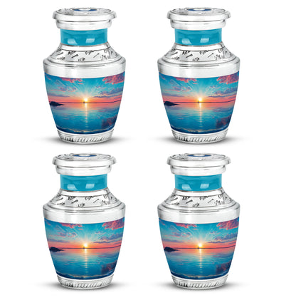 Soft Teal Beach Cremation Urn back view with polished surface - contemporary beach design with modern artistic flair - 10 inch aluminum urn for cremated remains