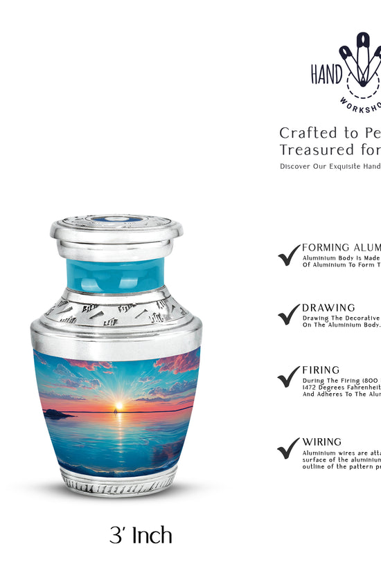 Cool Teal Beach Cremation Urn top-down view of secure threaded lid - contemporary beach design with modern artistic flair - mini keepsake memorial for portion of cremation ashes