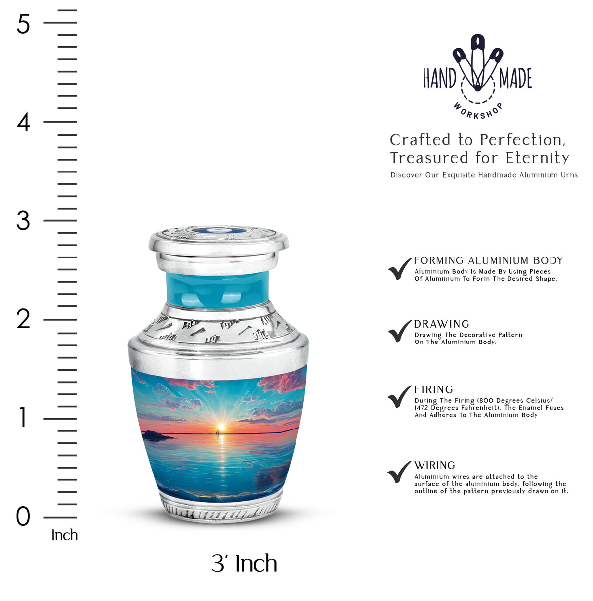 Cool Teal Beach Cremation Urn top-down view of secure threaded lid - contemporary beach design with modern artistic flair - mini keepsake memorial for portion of cremation ashes