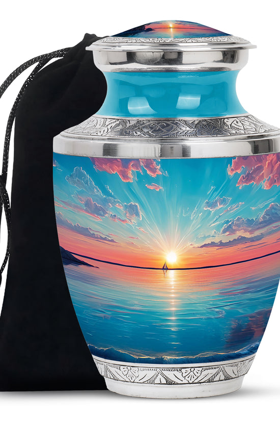 Ocean Teal Beach Cremation Urn side profile showing urn shape - modern art-inspired beach motif on sleek aluminum - full-size 10 inch 200 cubic inch adult cremation urn