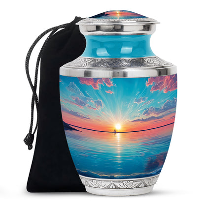 Ocean Teal Beach Cremation Urn side profile showing urn shape - modern art-inspired beach motif on sleek aluminum - full-size 10 inch 200 cubic inch adult cremation urn