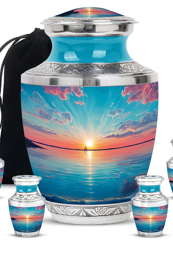 Mystic Teal Beach Cremation Urn lifestyle display on memorial shelf - stylized abstract beach pattern with bold lines - memorial set with one large and four small urns