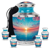 Mystic Teal Beach Cremation Urn lifestyle display on memorial shelf - stylized abstract beach pattern with bold lines - memorial set with one large and four small urns