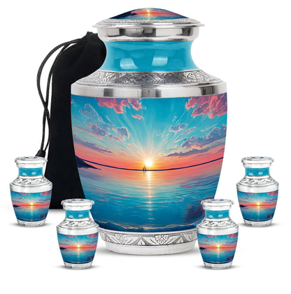 Mystic Teal Beach Cremation Urn lifestyle display on memorial shelf - stylized abstract beach pattern with bold lines - memorial set with one large and four small urns