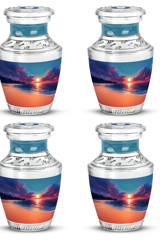 Sapphire Blue Beach Cremation Urn back view with polished surface - artistic beach interpretation with creative detail - 10 inch aluminum urn for cremated remains