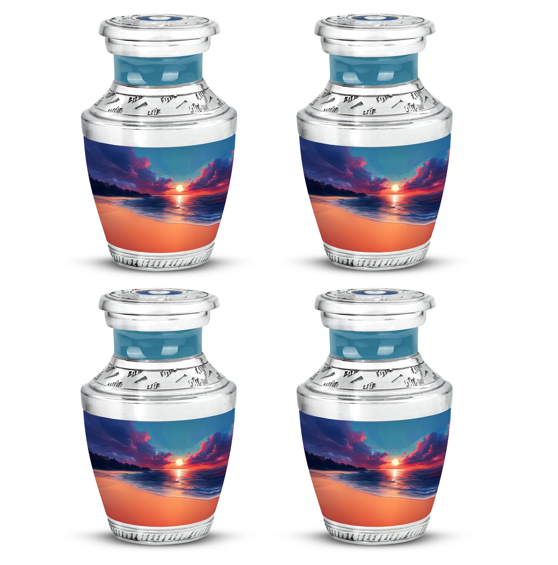 Sapphire Blue Beach Cremation Urn back view with polished surface - artistic beach interpretation with creative detail - 10 inch aluminum urn for cremated remains