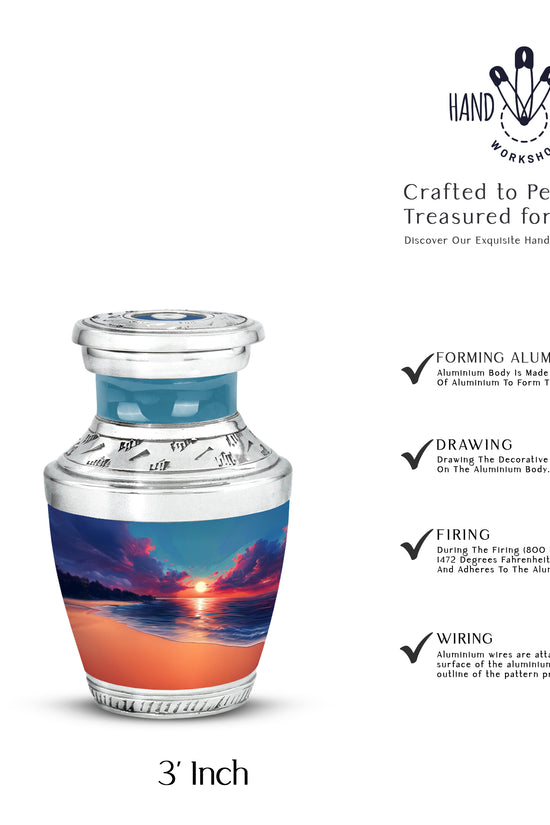 Cobalt Blue Beach Cremation Urn top-down view of secure threaded lid - artistic beach interpretation with creative detail - mini keepsake memorial for portion of cremation ashes