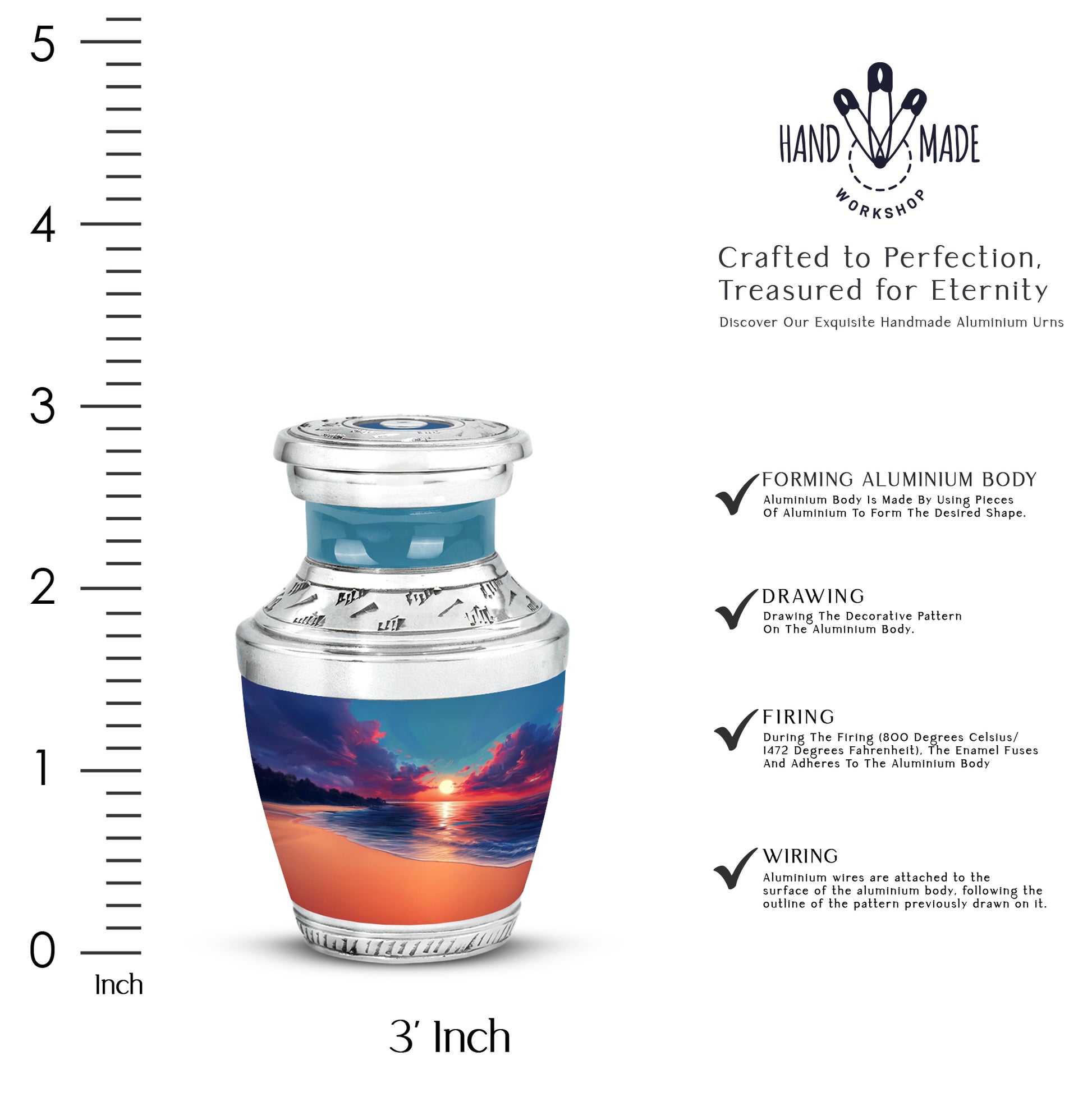 Cobalt Blue Beach Cremation Urn top-down view of secure threaded lid - artistic beach interpretation with creative detail - mini keepsake memorial for portion of cremation ashes