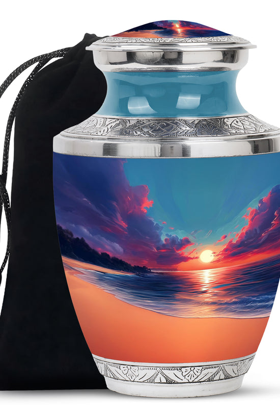 Vivid Blue Beach Cremation Urn side profile showing urn shape - stylized abstract beach pattern with bold lines - full-size 10 inch 200 cubic inch adult cremation urn
