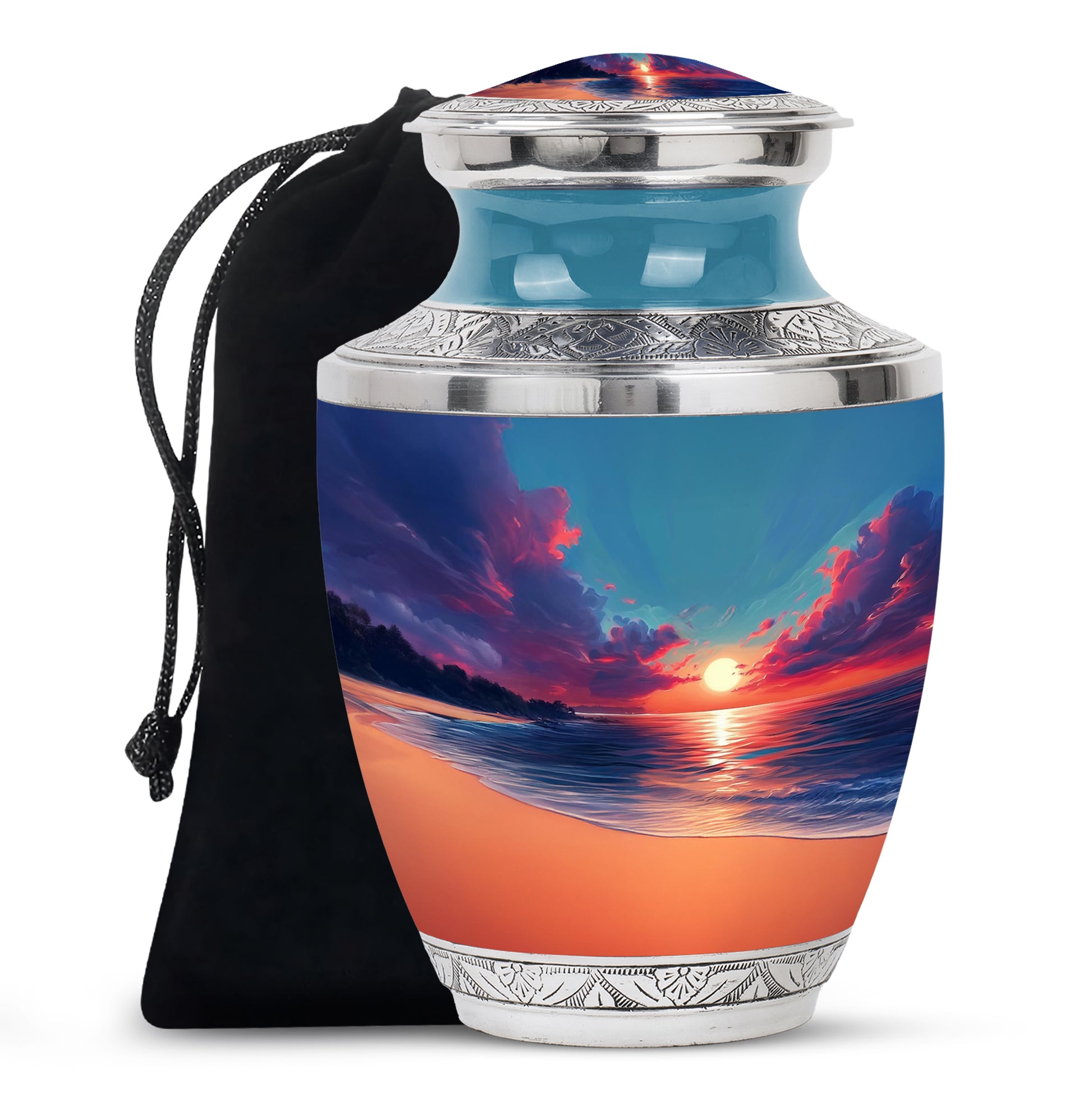 Vivid Blue Beach Cremation Urn side profile showing urn shape - stylized abstract beach pattern with bold lines - full-size 10 inch 200 cubic inch adult cremation urn