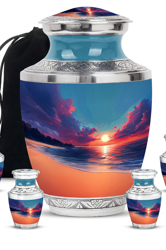 Vivid Blue Beach Cremation Urn lifestyle display on memorial shelf - stylized abstract beach pattern with bold lines - memorial set with one large and four small urns