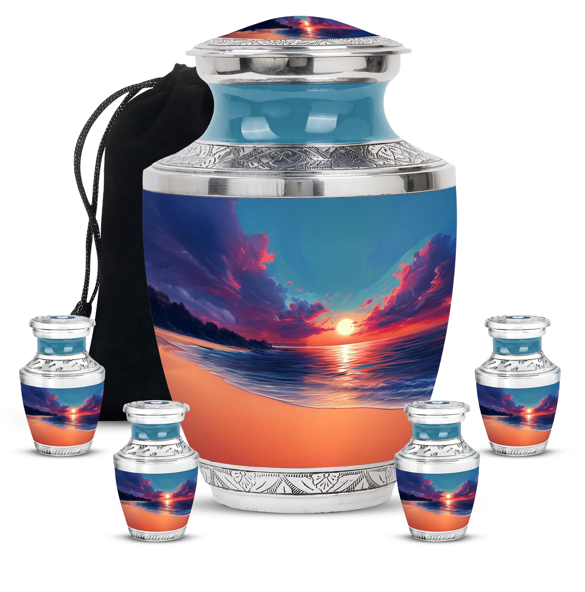 Vivid Blue Beach Cremation Urn lifestyle display on memorial shelf - stylized abstract beach pattern with bold lines - memorial set with one large and four small urns