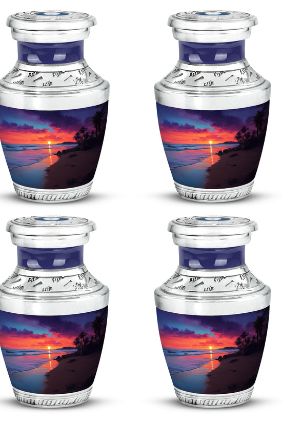 Navy Blue Beach Cremation Urn back view with polished surface - contemporary beach design with modern artistic flair - 10 inch aluminum urn for cremated remains