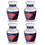 Navy Blue Beach Cremation Urn back view with polished surface - contemporary beach design with modern artistic flair - 10 inch aluminum urn for cremated remains