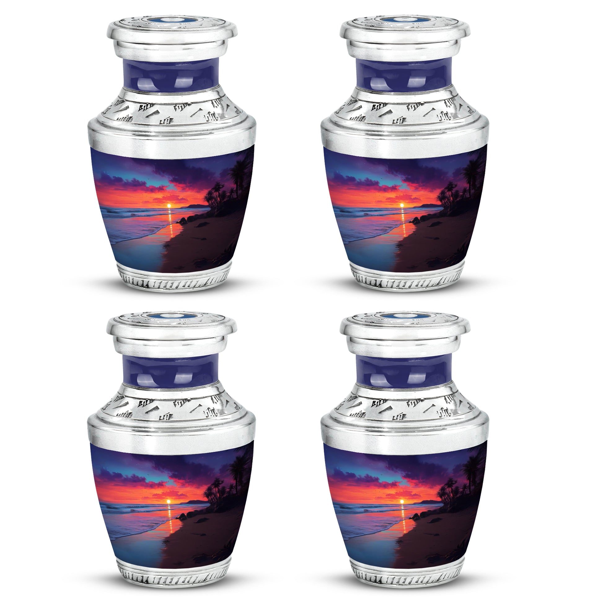 Navy Blue Beach Cremation Urn back view with polished surface - contemporary beach design with modern artistic flair - 10 inch aluminum urn for cremated remains