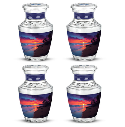 Navy Blue Beach Cremation Urn back view with polished surface - contemporary beach design with modern artistic flair - 10 inch aluminum urn for cremated remains