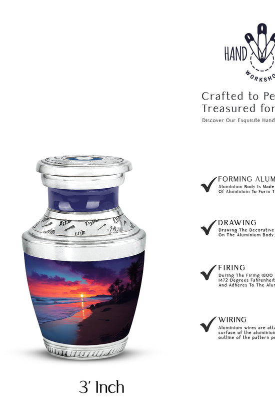 Royal Blue Beach Cremation Urn top-down view of secure threaded lid - stylized abstract beach pattern with bold lines - mini keepsake memorial for portion of cremation ashes