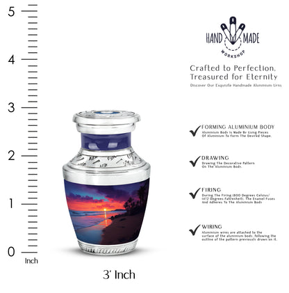 Royal Blue Beach Cremation Urn top-down view of secure threaded lid - stylized abstract beach pattern with bold lines - mini keepsake memorial for portion of cremation ashes