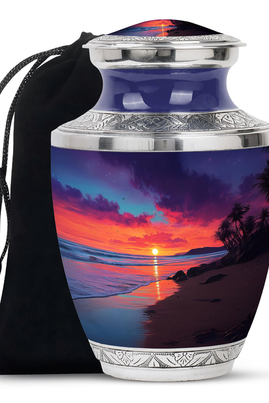 Indigo Beach Cremation Urn side profile showing urn shape - modern art-inspired beach motif on sleek aluminum - full-size 10 inch 200 cubic inch adult cremation urn