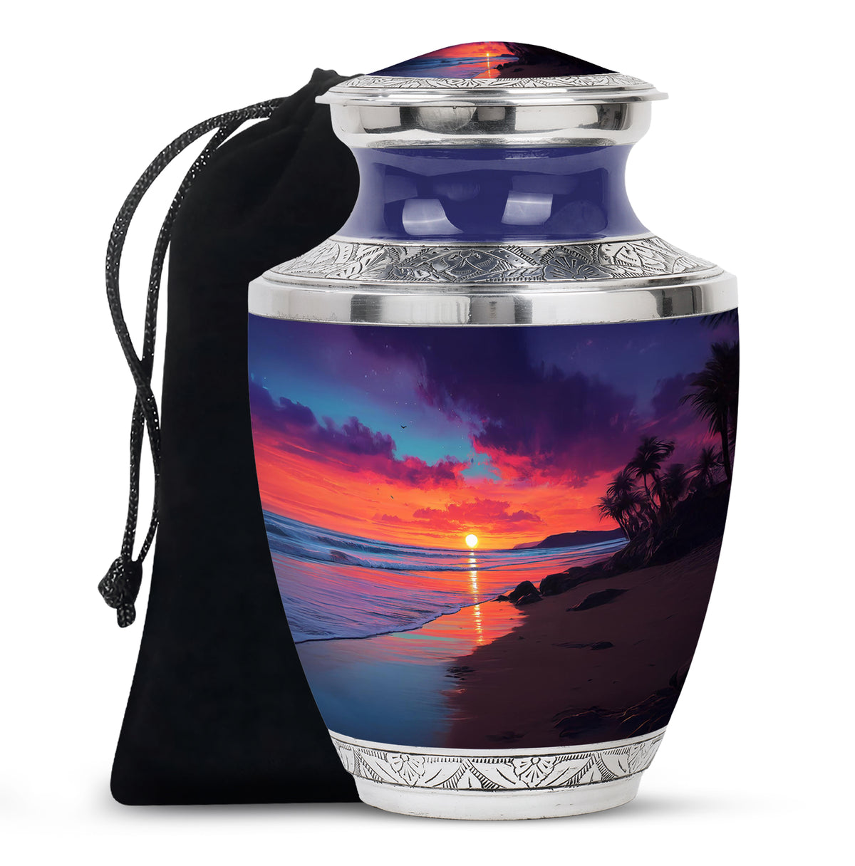 Indigo Beach Cremation Urn side profile showing urn shape - modern art-inspired beach motif on sleek aluminum - full-size 10 inch 200 cubic inch adult cremation urn
