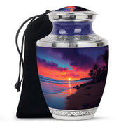 Indigo Beach Cremation Urn side profile showing urn shape - modern art-inspired beach motif on sleek aluminum - full-size 10 inch 200 cubic inch adult cremation urn