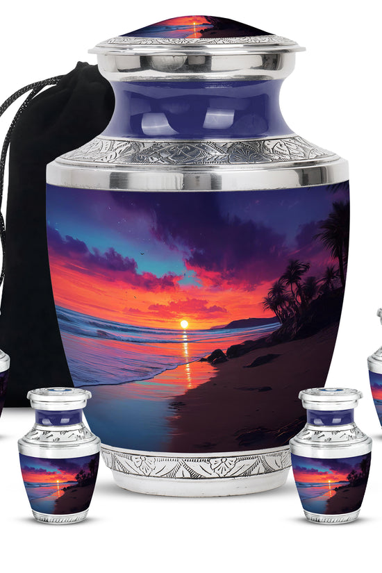 Royal Blue Beach Cremation Urn lifestyle display on memorial shelf - artistic beach interpretation with creative detail - memorial set with one large and four small urns