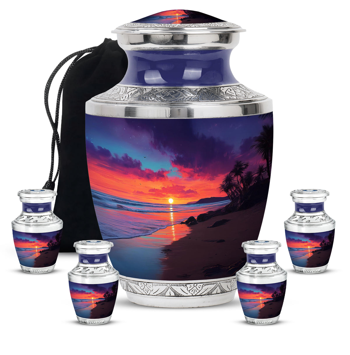 Royal Blue Beach Cremation Urn lifestyle display on memorial shelf - artistic beach interpretation with creative detail - memorial set with one large and four small urns