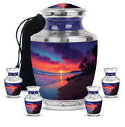 Royal Blue Beach Cremation Urn lifestyle display on memorial shelf - artistic beach interpretation with creative detail - memorial set with one large and four small urns
