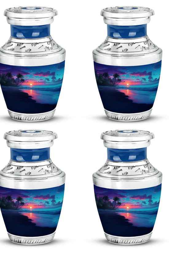 Azure Beach Cremation Urn back view with polished surface - modern art-inspired beach motif on sleek aluminum - 10 inch aluminum urn for cremated remains