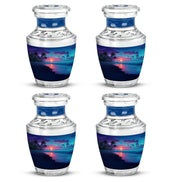 Azure Beach Cremation Urn back view with polished surface - modern art-inspired beach motif on sleek aluminum - 10 inch aluminum urn for cremated remains