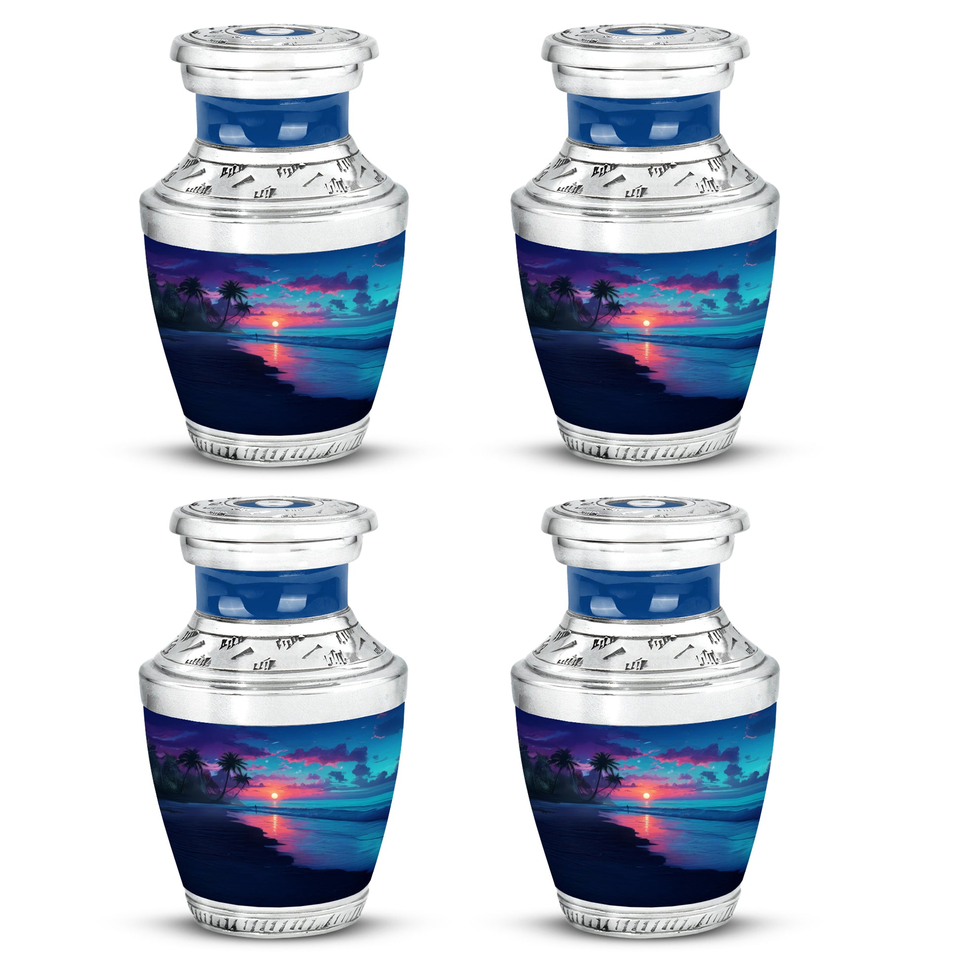 Azure Beach Cremation Urn back view with polished surface - modern art-inspired beach motif on sleek aluminum - 10 inch aluminum urn for cremated remains