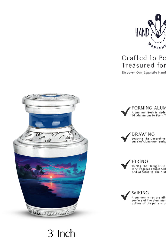 Soft Blue Beach Cremation Urn top-down view of secure threaded lid - stylized abstract beach pattern with bold lines - mini keepsake memorial for portion of cremation ashes
