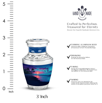 Soft Blue Beach Cremation Urn top-down view of secure threaded lid - stylized abstract beach pattern with bold lines - mini keepsake memorial for portion of cremation ashes