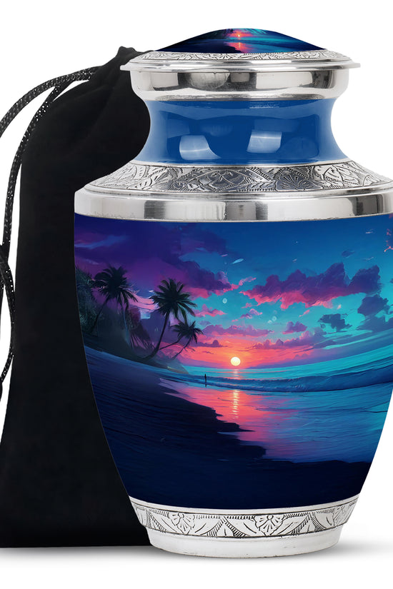 Indigo Beach Cremation Urn side profile showing urn shape - modern art-inspired beach motif on sleek aluminum - full-size 10 inch 200 cubic inch adult cremation urn
