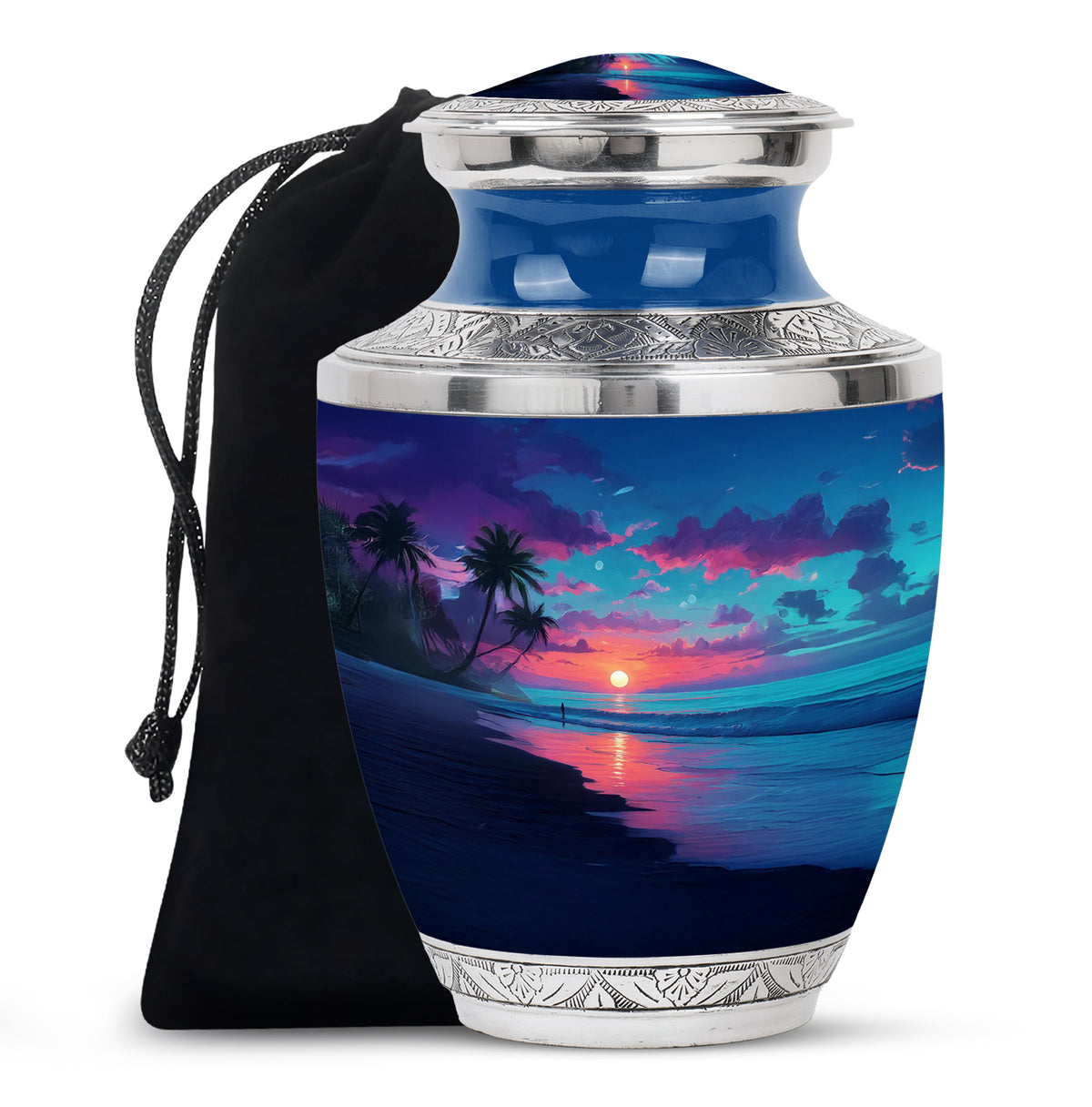 Indigo Beach Cremation Urn side profile showing urn shape - modern art-inspired beach motif on sleek aluminum - full-size 10 inch 200 cubic inch adult cremation urn