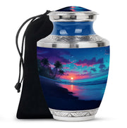 Indigo Beach Cremation Urn side profile showing urn shape - modern art-inspired beach motif on sleek aluminum - full-size 10 inch 200 cubic inch adult cremation urn