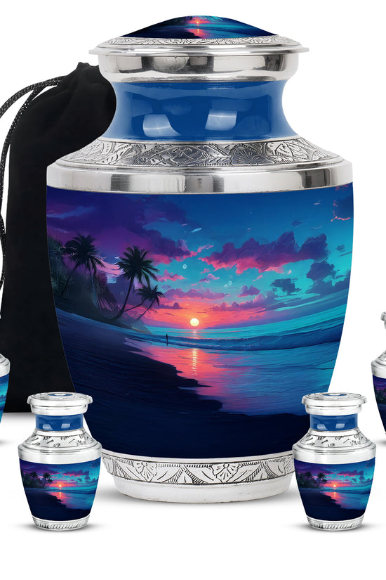 Slate Blue Beach Cremation Urn lifestyle display on memorial shelf - modern art-inspired beach motif on sleek aluminum - memorial set with one large and four small urns