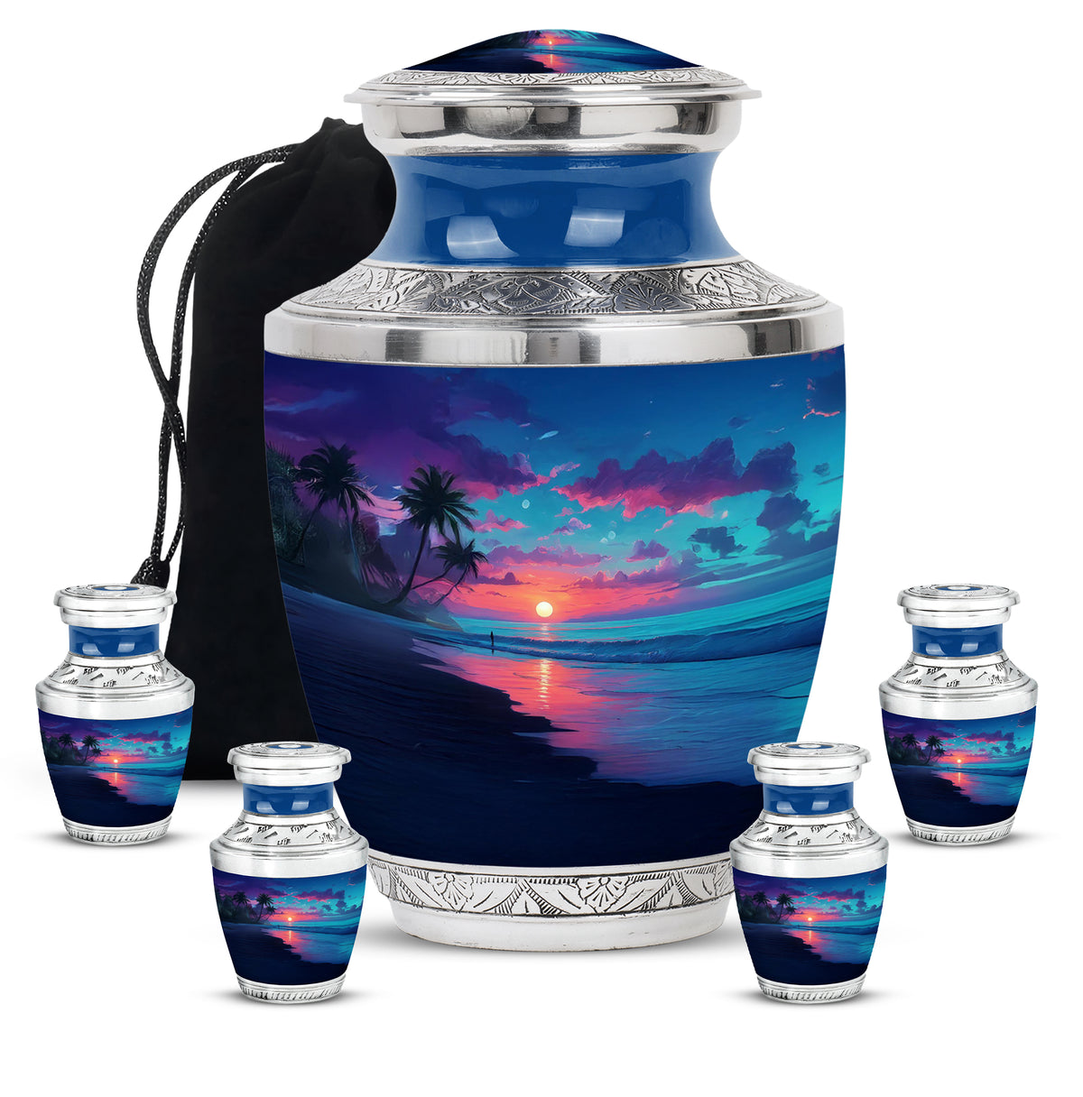 Slate Blue Beach Cremation Urn lifestyle display on memorial shelf - modern art-inspired beach motif on sleek aluminum - memorial set with one large and four small urns