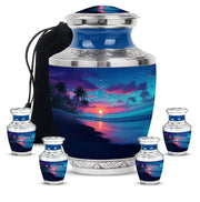 Slate Blue Beach Cremation Urn lifestyle display on memorial shelf - modern art-inspired beach motif on sleek aluminum - memorial set with one large and four small urns