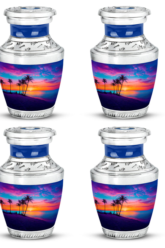 Navy Blue Beach Cremation Urn back view with polished surface - modern art-inspired beach motif on sleek aluminum - 10 inch aluminum urn for cremated remains