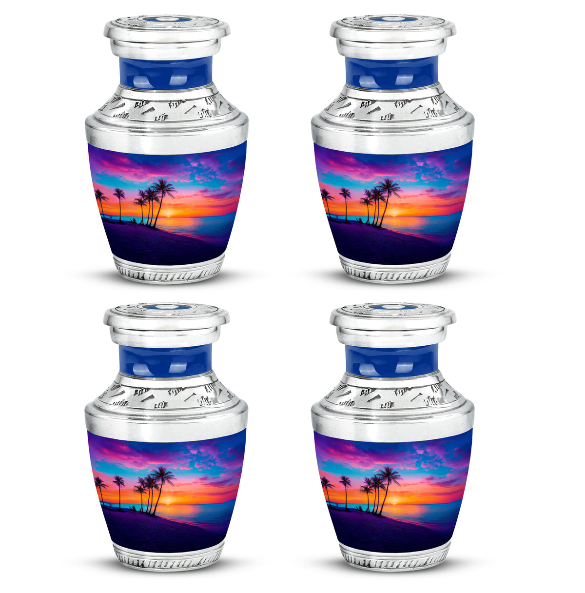Navy Blue Beach Cremation Urn back view with polished surface - modern art-inspired beach motif on sleek aluminum - 10 inch aluminum urn for cremated remains