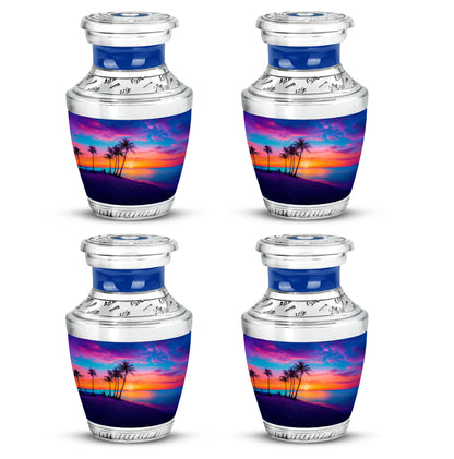Navy Blue Beach Cremation Urn back view with polished surface - modern art-inspired beach motif on sleek aluminum - 10 inch aluminum urn for cremated remains