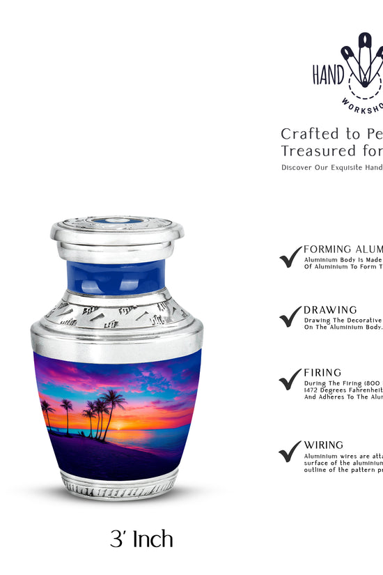 Soft Blue Beach Cremation Urn top-down view of secure threaded lid - artistic beach interpretation with creative detail - mini keepsake memorial for portion of cremation ashes
