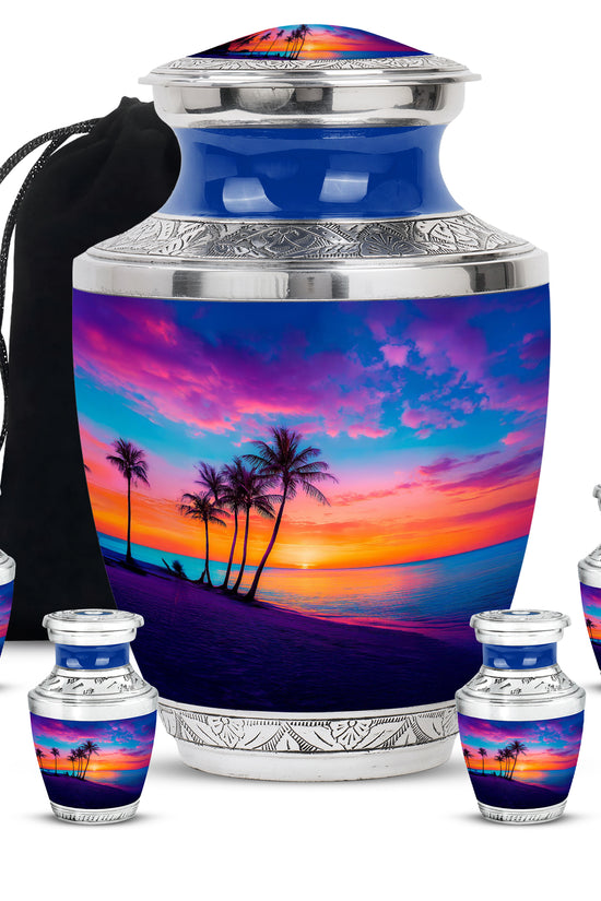 Powder Blue Beach Cremation Urn lifestyle display on memorial shelf - modern art-inspired beach motif on sleek aluminum - memorial set with one large and four small urns