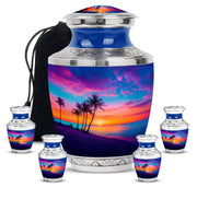 Powder Blue Beach Cremation Urn lifestyle display on memorial shelf - modern art-inspired beach motif on sleek aluminum - memorial set with one large and four small urns