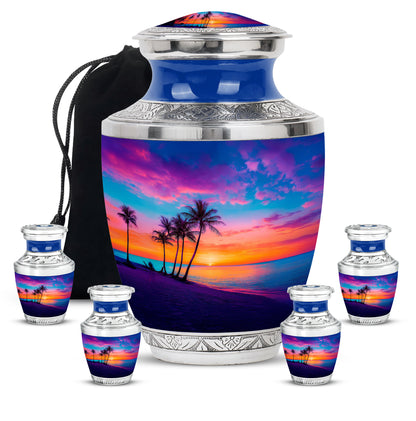 Powder Blue Beach Cremation Urn lifestyle display on memorial shelf - modern art-inspired beach motif on sleek aluminum - memorial set with one large and four small urns